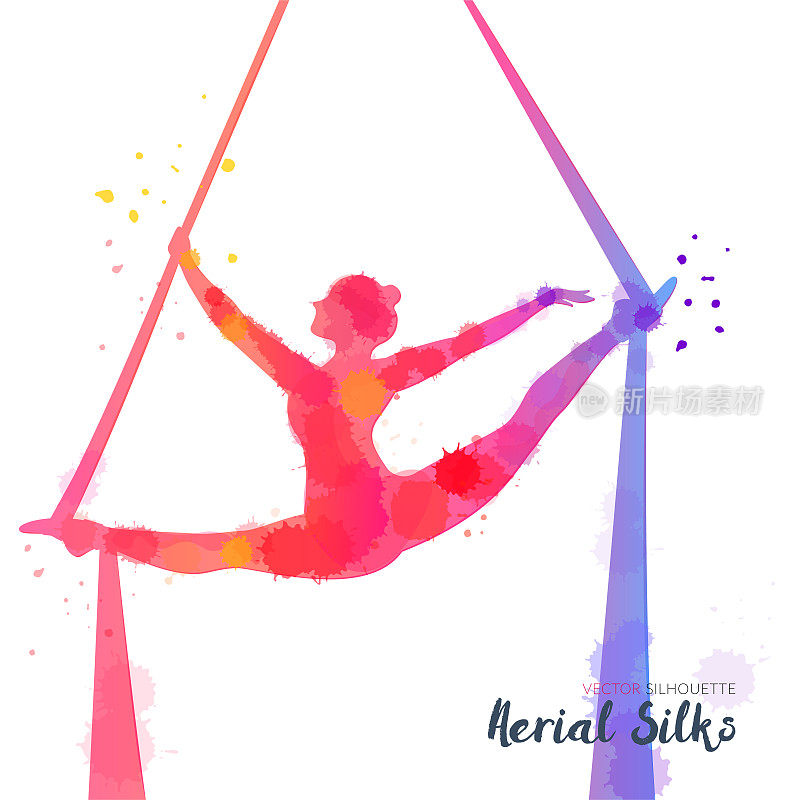 Silhouettes of a gymnast in the aerial silks. Vector watercolor illustration on a white background. Air gymnastics concept